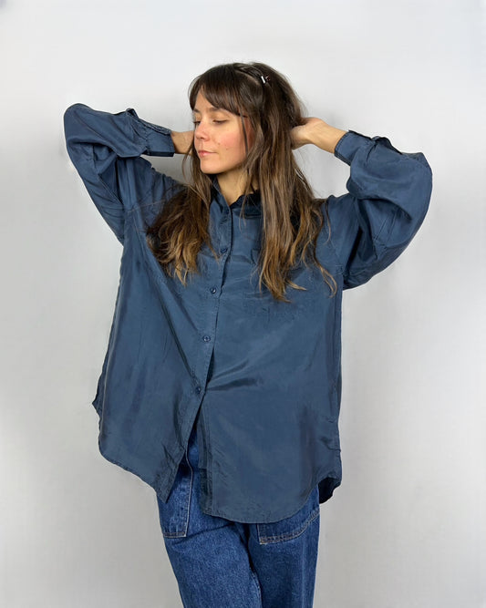 Camicia blu marino in pura seta