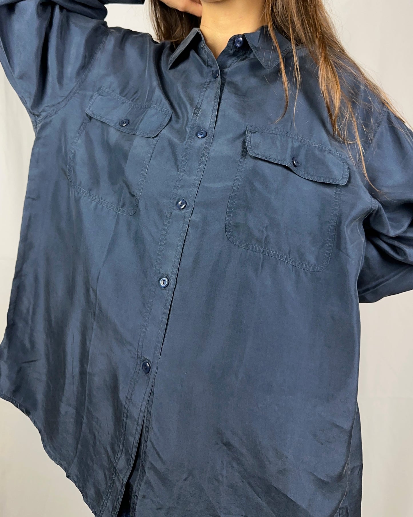 Camicia blu marino in pura seta