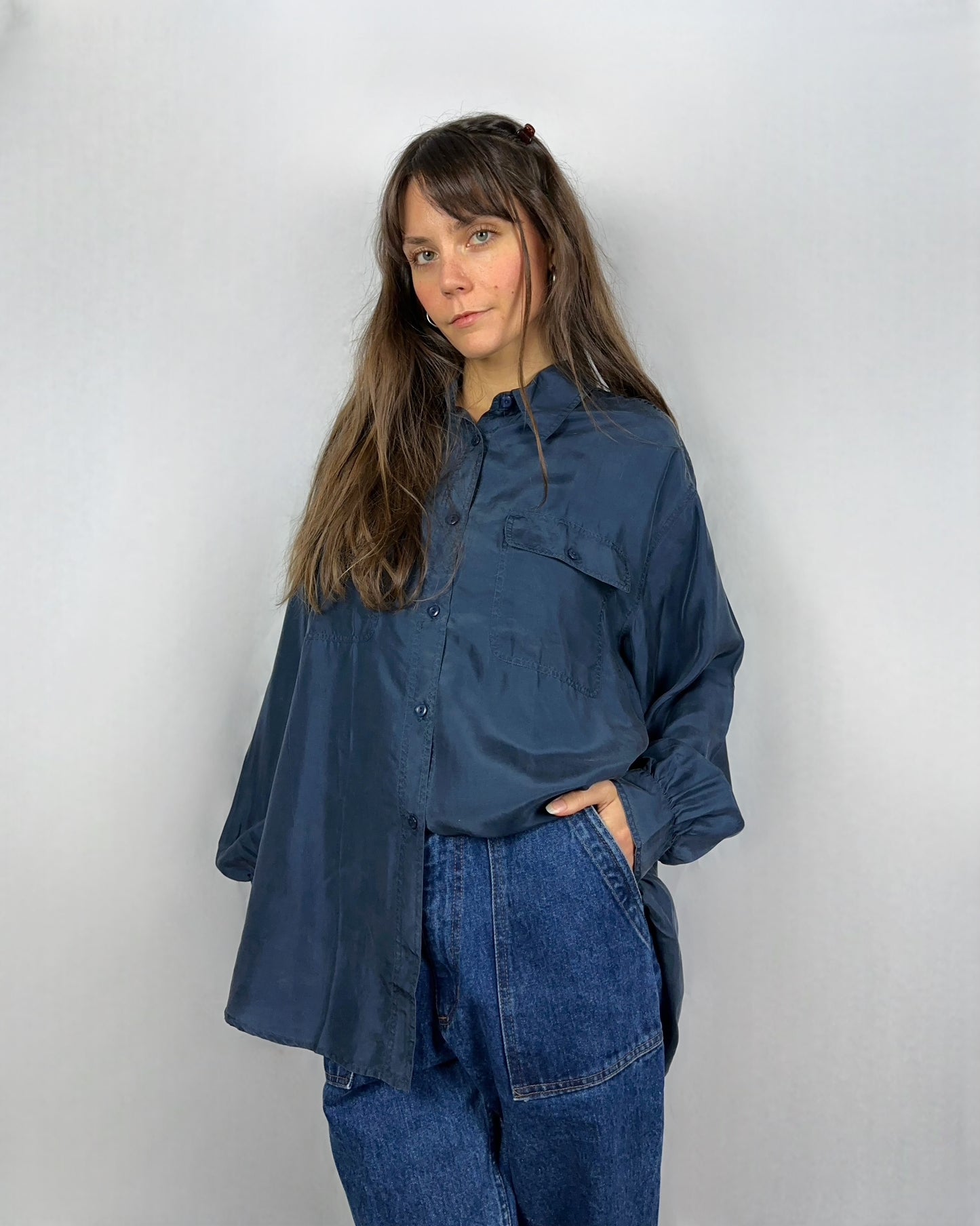 Camicia blu marino in pura seta