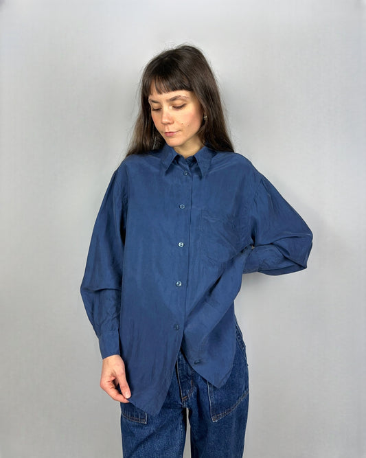 Camicia blu in pura seta