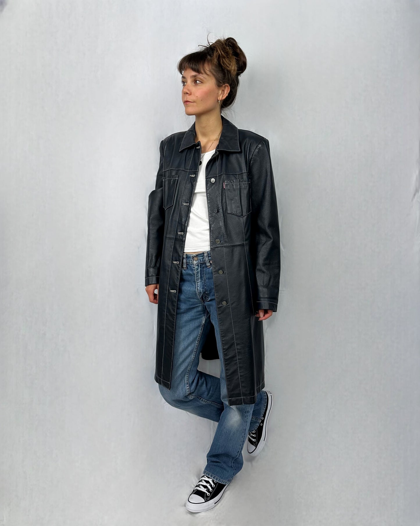 Trench blu in vera pelle