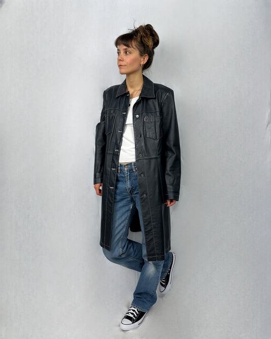 Trench blu in vera pelle