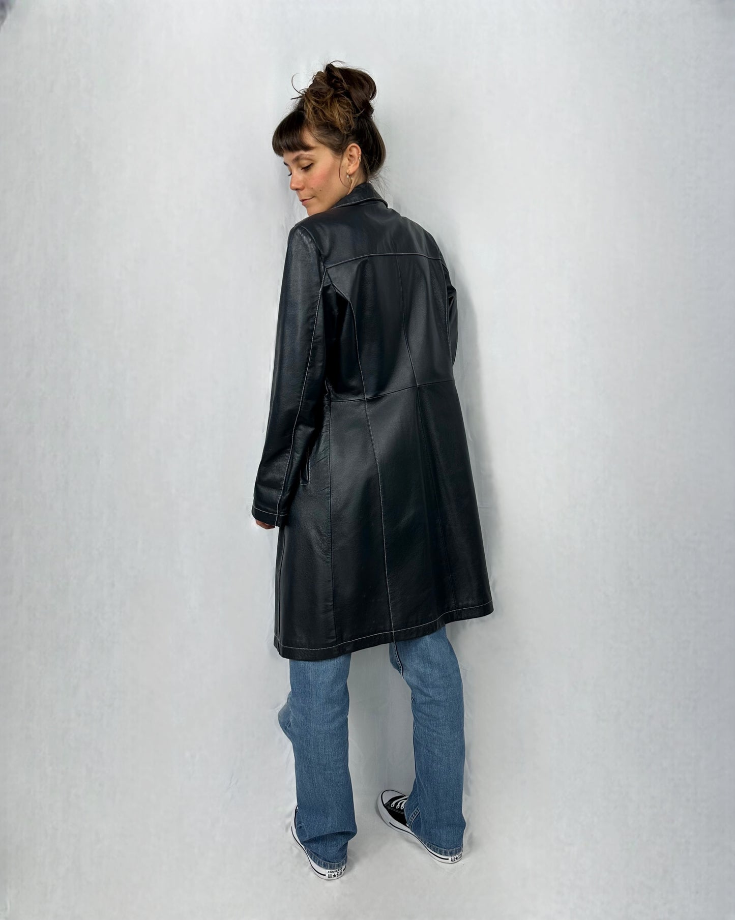 Trench blu in vera pelle