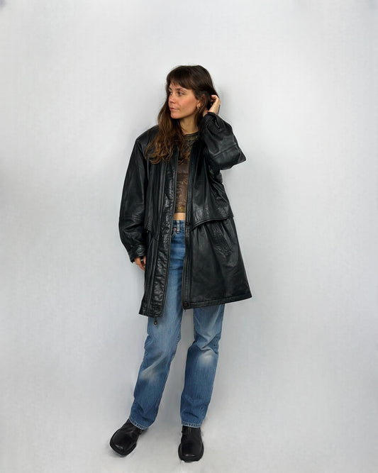 Trench in vera pelle con motivo intrecciato