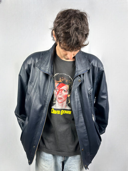 Bomber blu in vera pelle